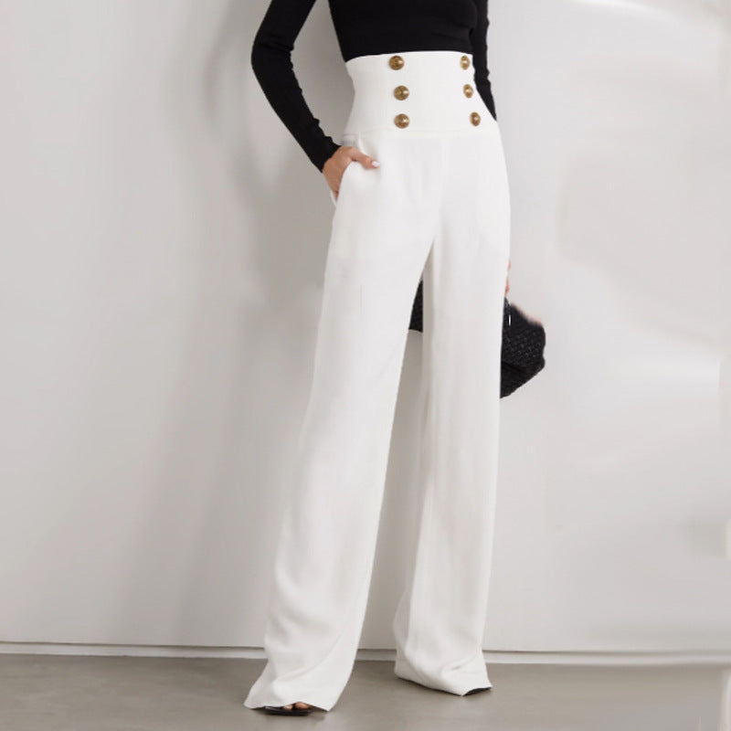 Ladies High Waist Slim Fit Waist Drawn Casual Trousers