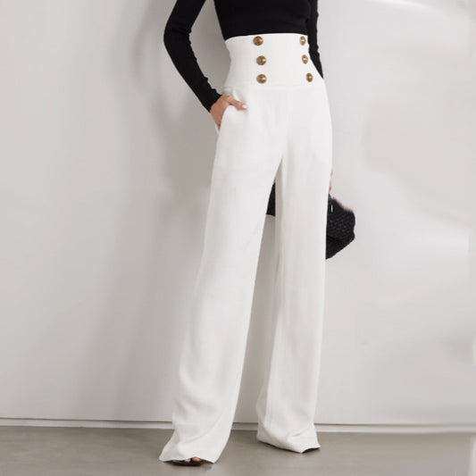 Ladies High Waist Slim Fit Waist Drawn Casual Trousers