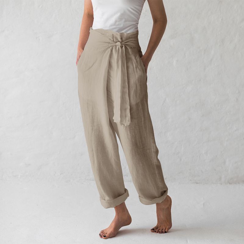 Ladies Cotton And Linen Solid Color High Waist Trousers Casual Pants