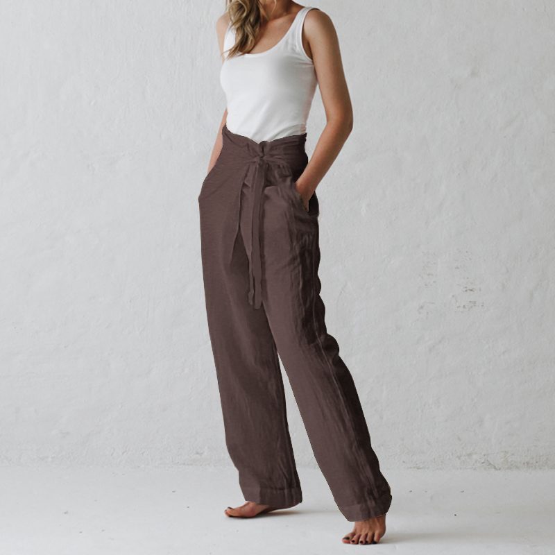 Ladies Cotton And Linen Solid Color High Waist Trousers Casual Pants