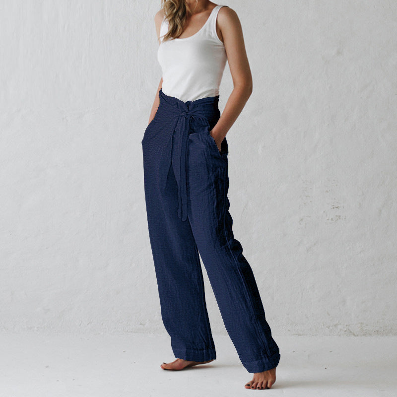 Ladies Cotton And Linen Solid Color High Waist Trousers Casual Pants