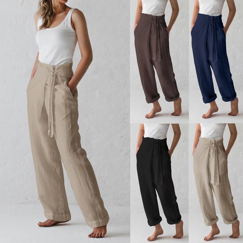 Ladies Cotton And Linen Solid Color High Waist Trousers Casual Pants