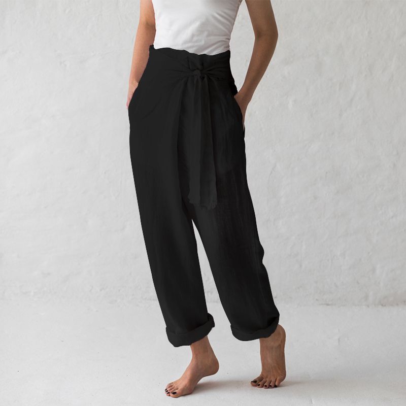 Ladies Cotton And Linen Solid Color High Waist Trousers Casual Pants