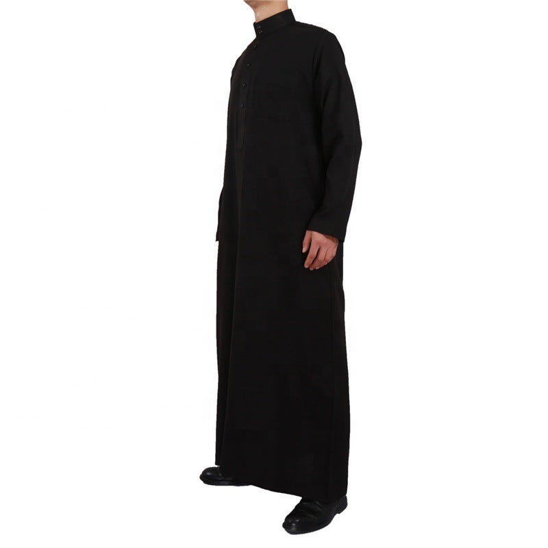 Hui Men'S Qatar Style Cotton And Linen Long-Sleeved Stand-Up Collar Plus Size Arab Robe Middle Eastern Men'S Worship Robe