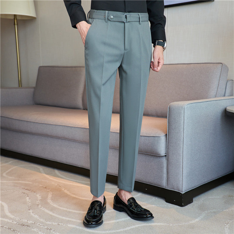 Fall Winter Men's Belt Design Slim-fit Textured Youth Suit Pants