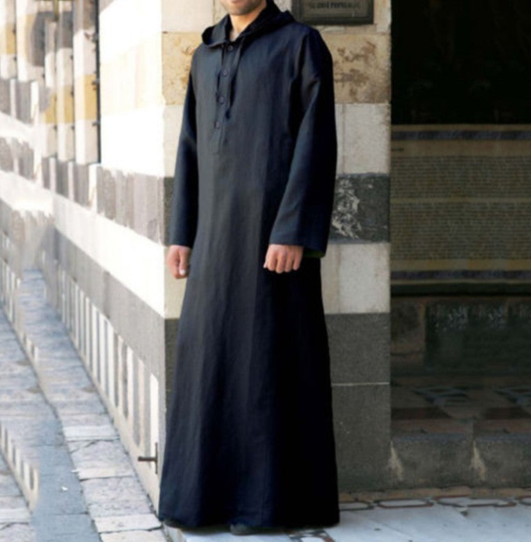 Arabic Style Simple Long Men's Hooded Shirt Muslim Robe