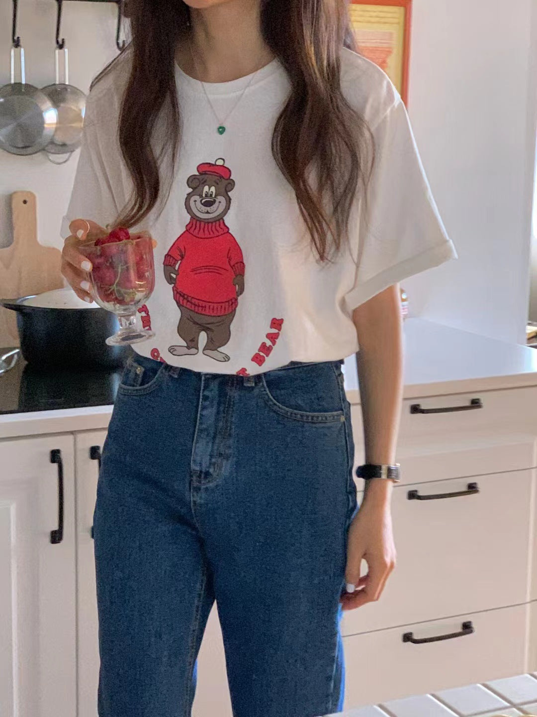 Women's Casual Loose Round Neck Short-sleeved Bear Printed T-shirt
