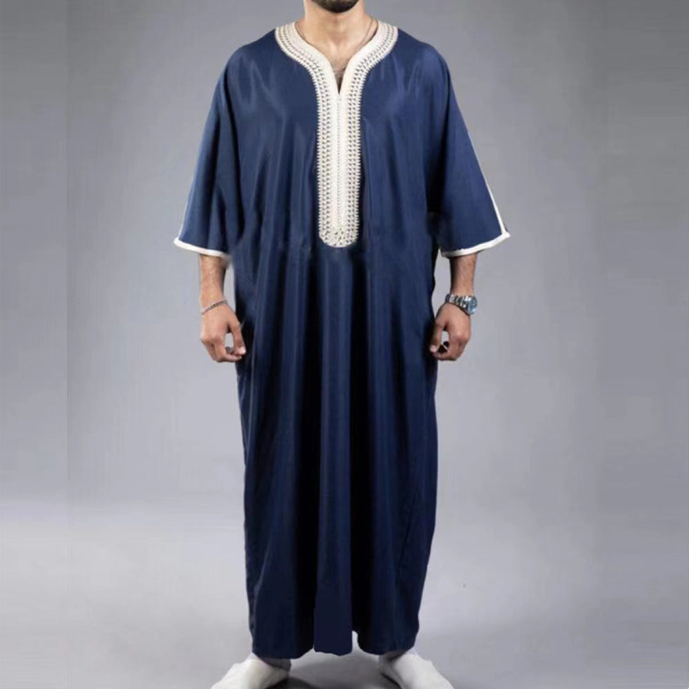 Arabic Robe Mid Short Sleeve Embroidered Navy Blue Men