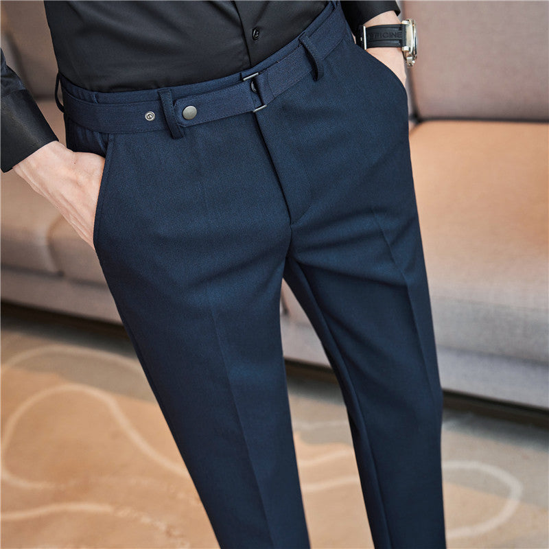 Fall Winter Men's Belt Design Slim-fit Textured Youth Suit Pants