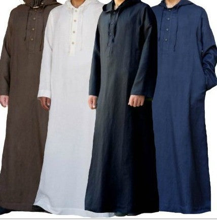 Arabic Style Simple Long Men's Hooded Shirt Muslim Robe