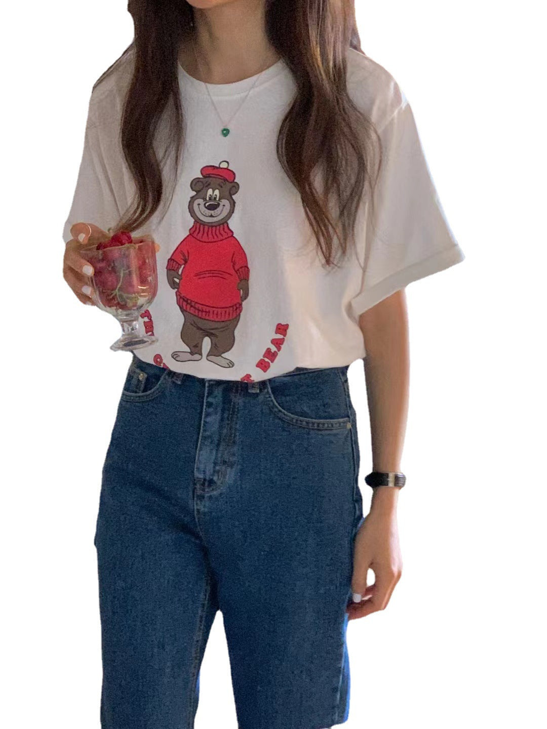 Women's Casual Loose Round Neck Short-sleeved Bear Printed T-shirt