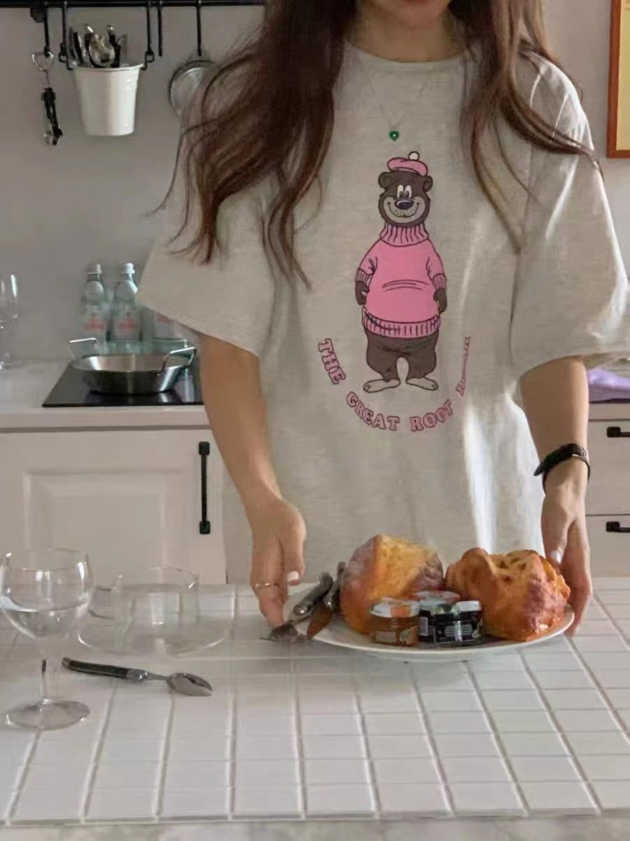 Women's Casual Loose Round Neck Short-sleeved Bear Printed T-shirt