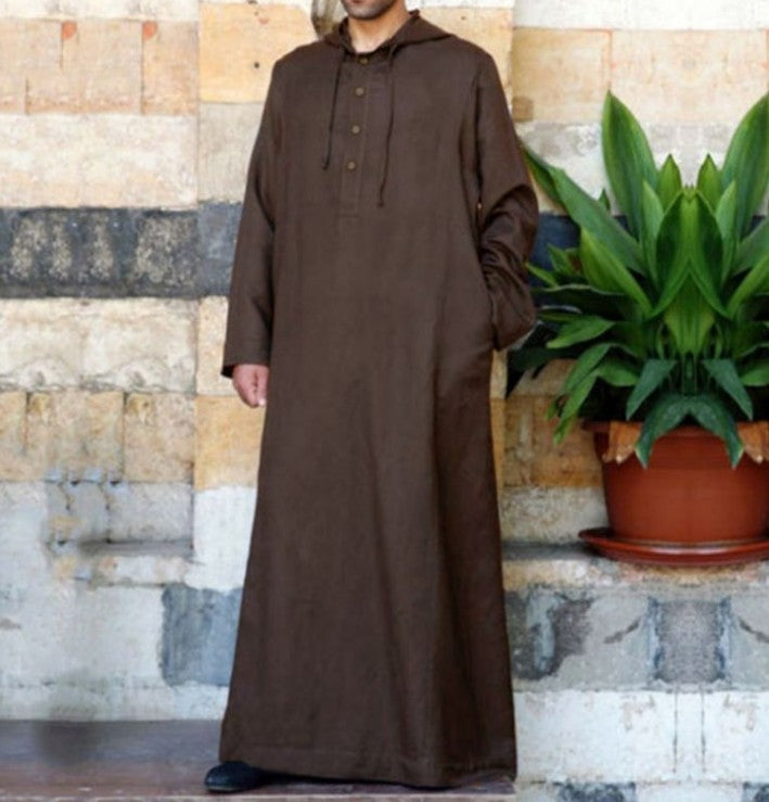 Arabic Style Simple Long Men's Hooded Shirt Muslim Robe