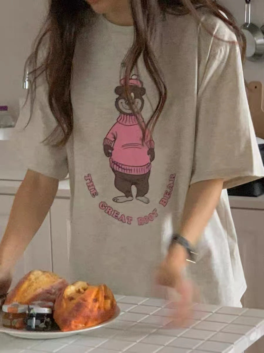 Women's Casual Loose Round Neck Short-sleeved Bear Printed T-shirt