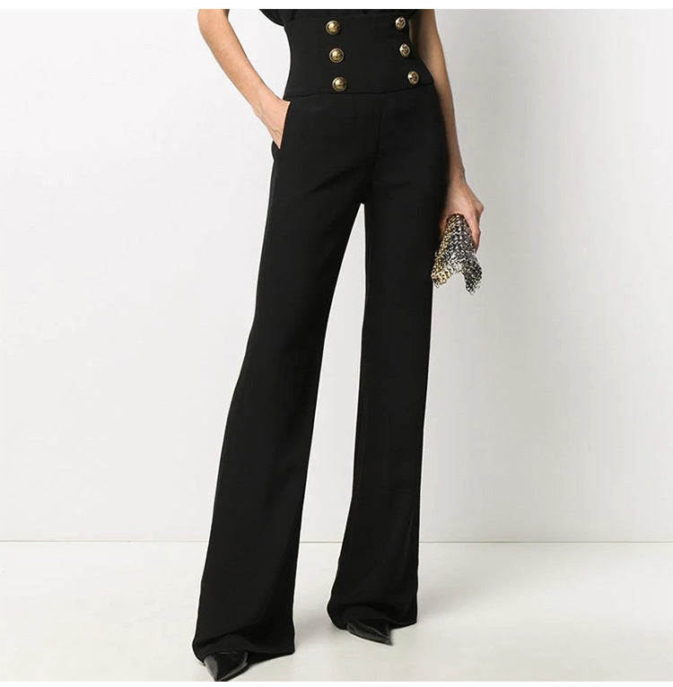 Ladies High Waist Slim Fit Waist Drawn Casual Trousers