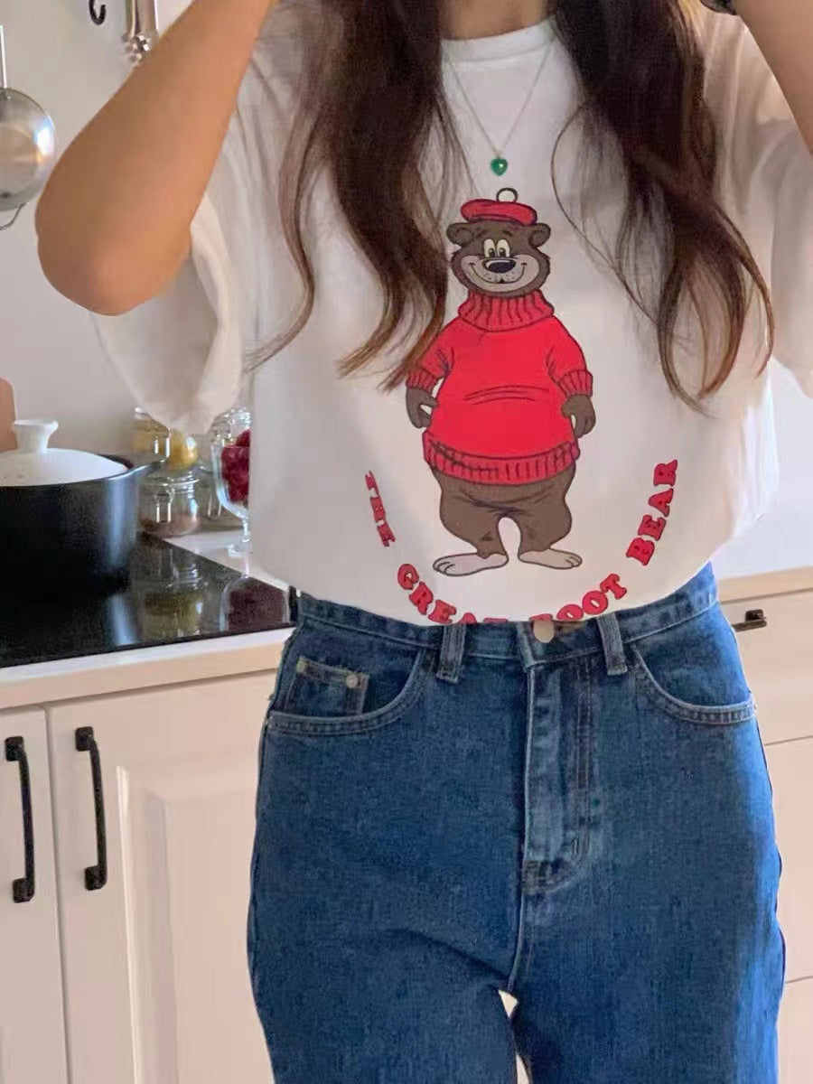 Women's Casual Loose Round Neck Short-sleeved Bear Printed T-shirt