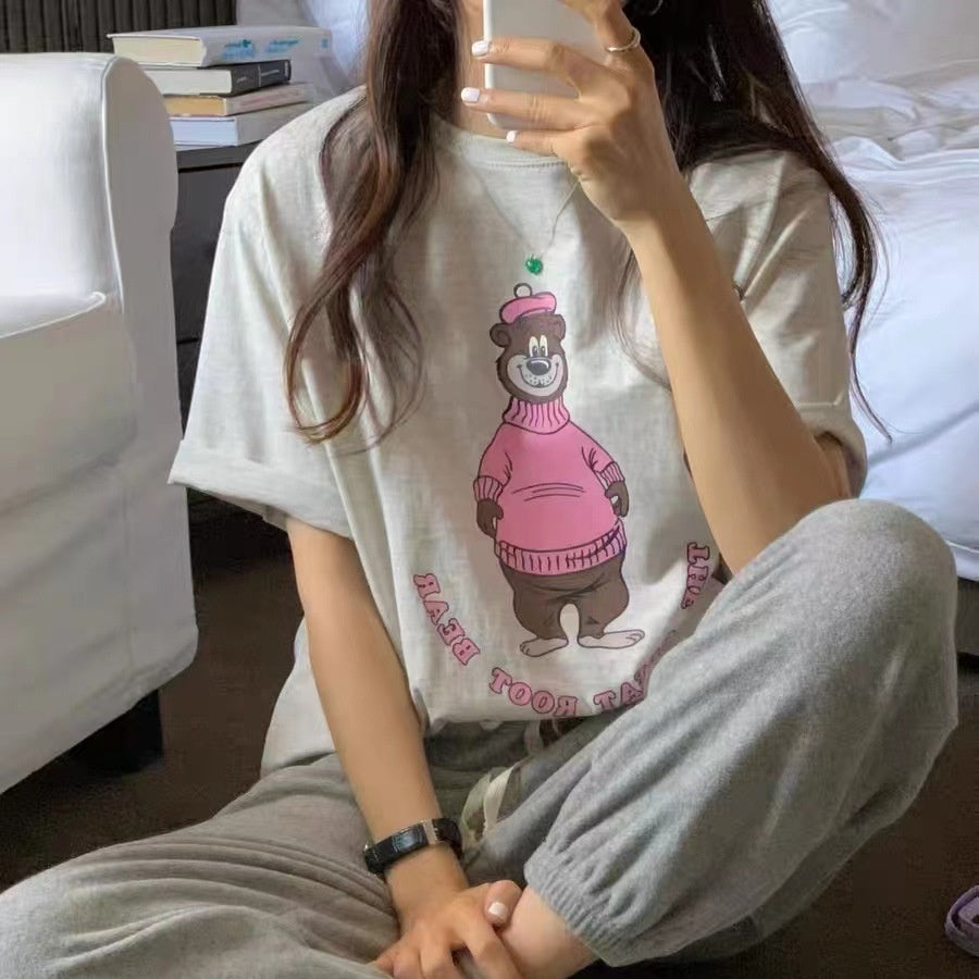 Women's Casual Loose Round Neck Short-sleeved Bear Printed T-shirt